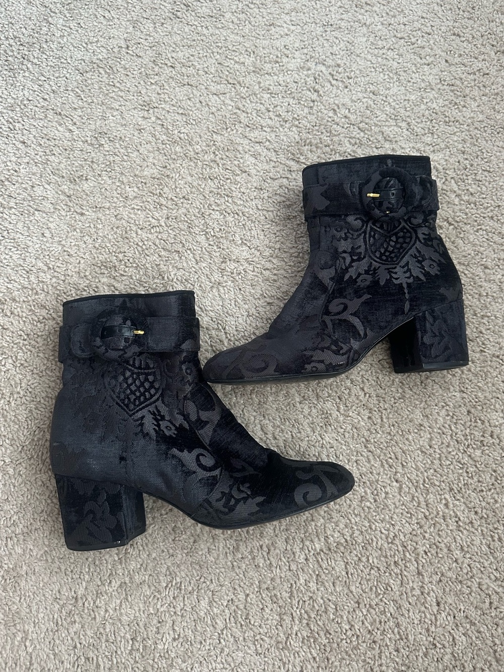 Black Floral Velvet Ankle Boots